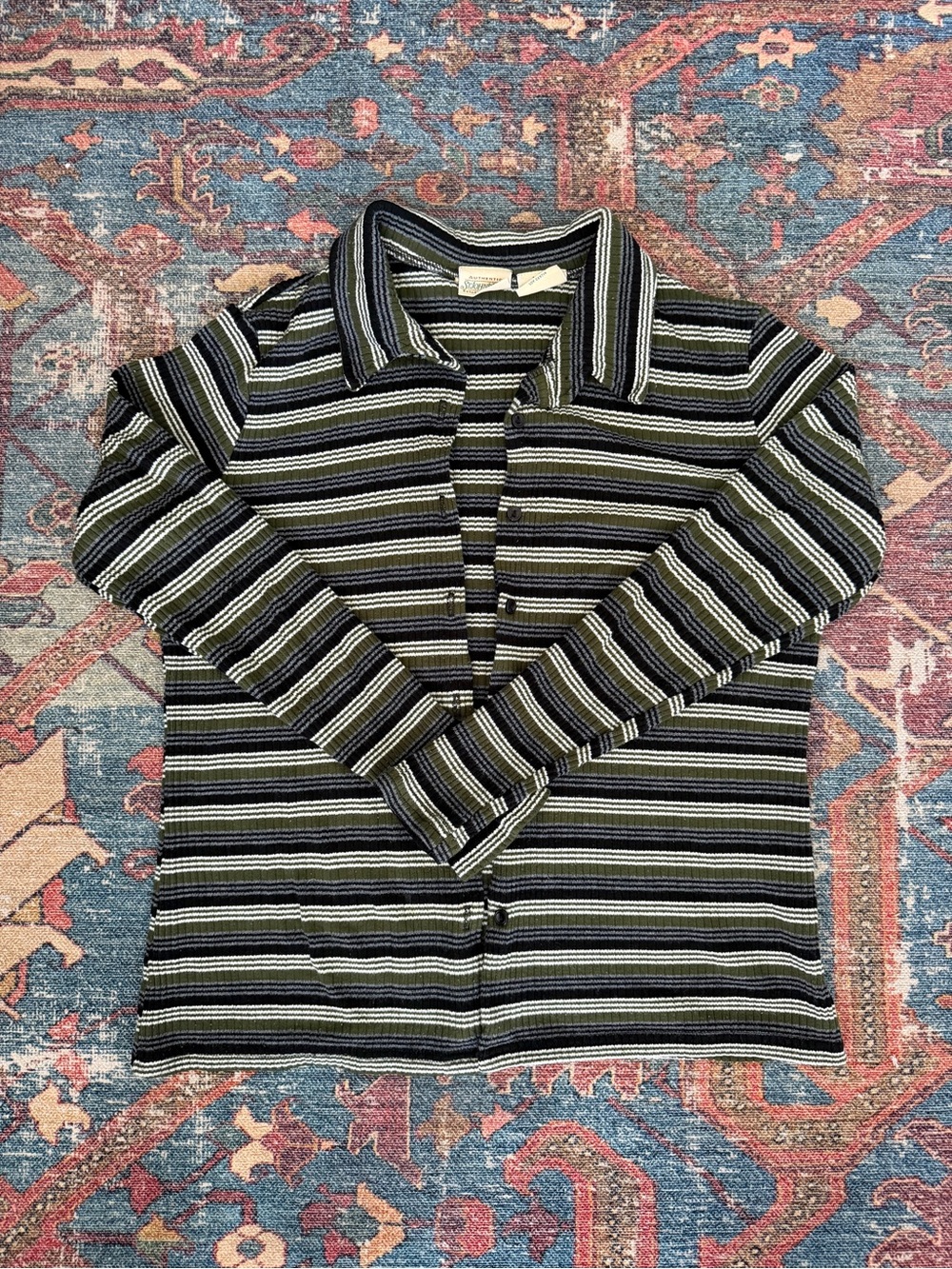Vintage St. John's Bay Ribbed Olive, Black & White Striped Button Down Top